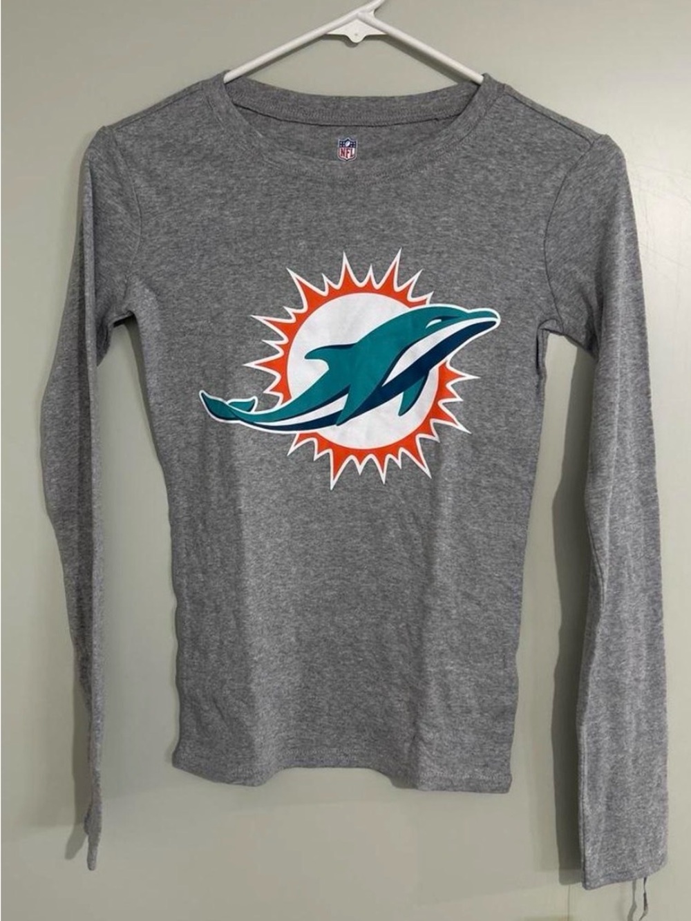 NFL Kids Long Sleeve Tee in Gray with Teal & Orange Dolphins Logo